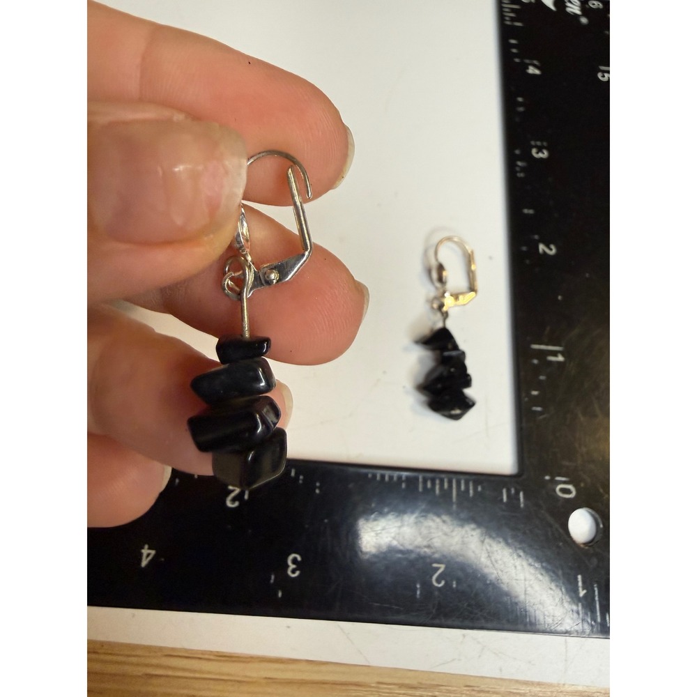 Black Onyx Chip Dangle Earrings Silver Tone Leverback Natural Stone Stacked